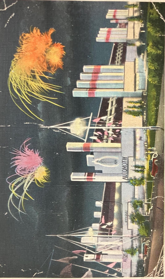 Hall of Varied Industries and Fireworks at Night, Great Lakes Exposition, Cleveland, Ohio - Vintage Postcard