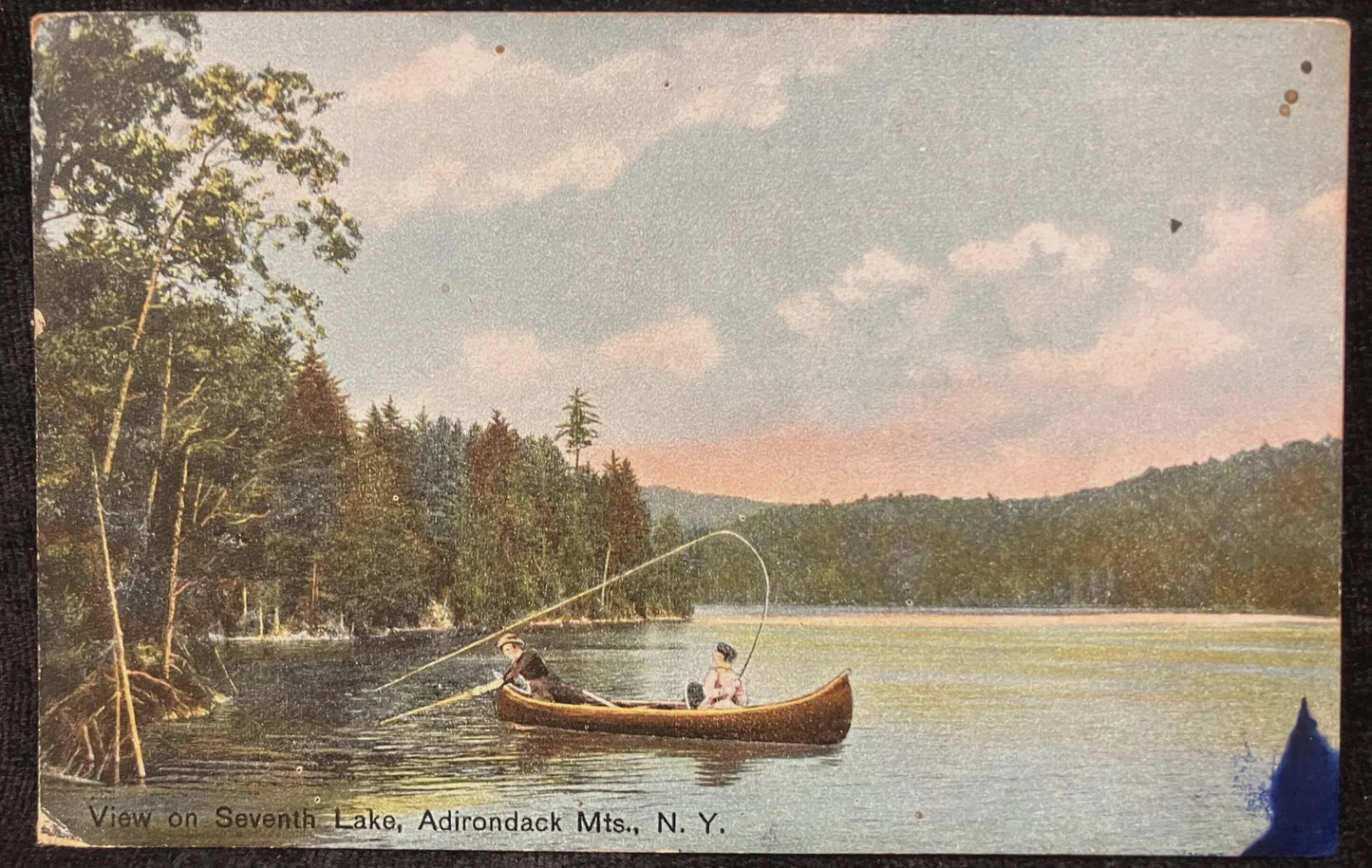 View on Seventh Lake, Adirondack Mountains, New York - Vintage Lake Postcard