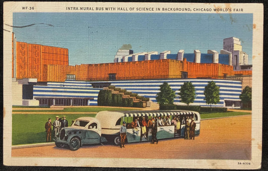 Intra-Mural Bus with Hall of Science in Background, Chicago World's Fair - Vintage Science Fair Postcard