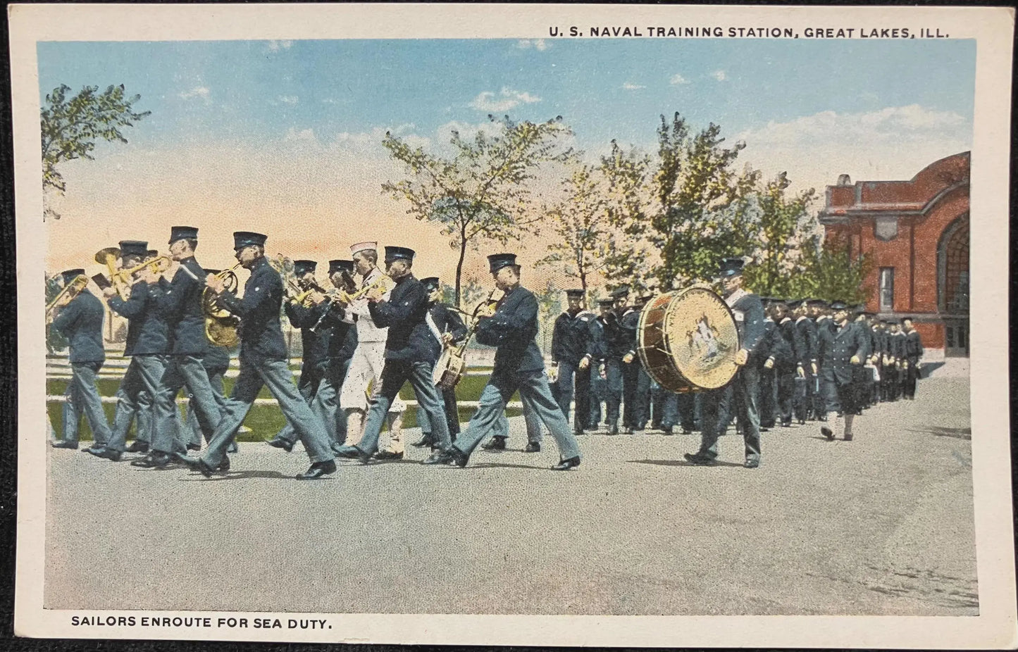 U. S. Naval Training Station, Great Lakes, Illinois - Sailors En Route for Sea Duty - Vintage Veteran Postcard