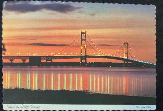 Mackinac Bridge, Evening - Photo by Lucy Gridley - Vintage Postcard