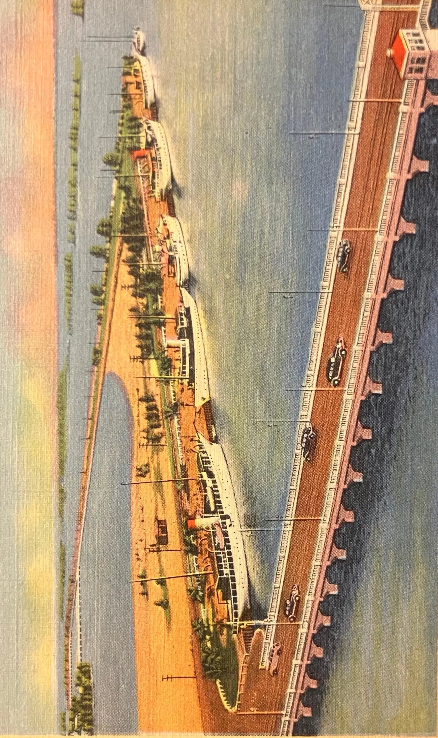 Yachts Moored Along Miami and Miami Beach Causeway, Florida - Vintage Bridge Postcard