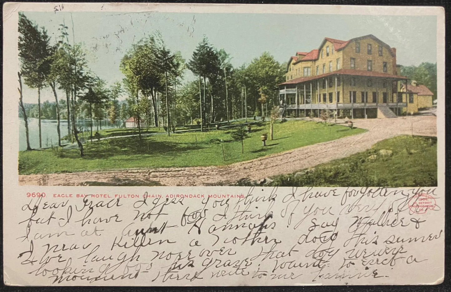 Eagle Bay Hotel, Fulton Chain, Adirondack Mountains - Copyright, 1904, Summer Place in the Adirondack Mnts. - Vintage Hotel Postcard