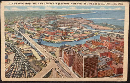 High Level Bridge and Main Avenue Bridge Looking West from the Terminal Tower, Cleveland, Ohio - Vintage Bridge Postcard