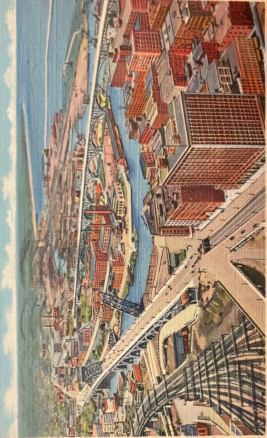 High Level Bridge and Main Avenue Bridge Looking West from the Terminal Tower, Cleveland, Ohio - Vintage Bridge Postcard