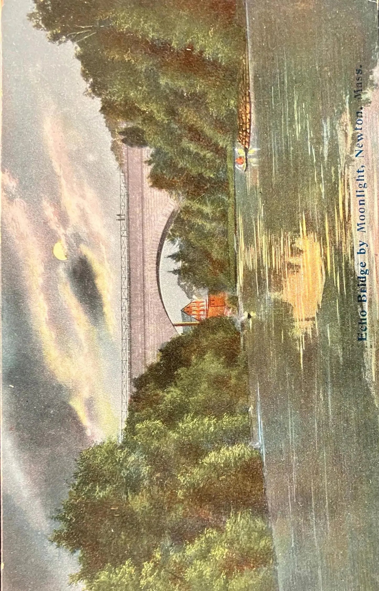 Echo Bridge by Moonlight, Newton, Massachusetts - Made in Germany - Vintage Bridge Postcard