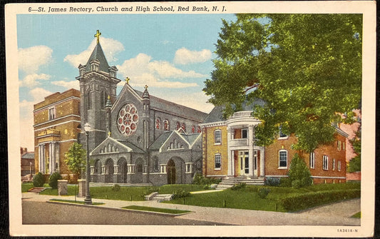 St. James Rectory, Church and High School, Red Bank, New Jersey - Vintage Church Postcard