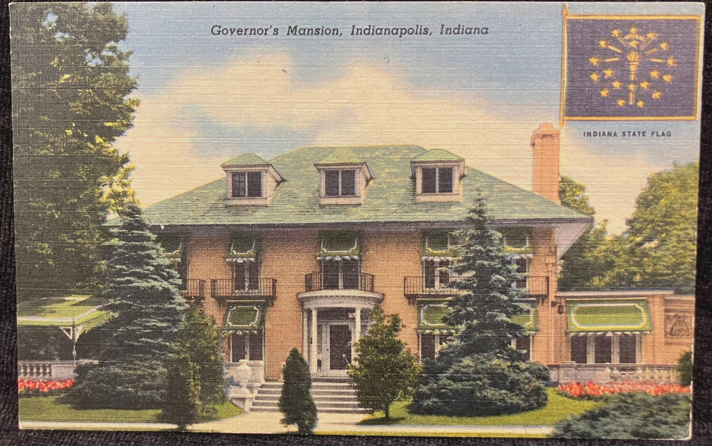 Governor’s Mansion, Indianapolis, Indiana - Indiana State Flag - Vintage Postcard