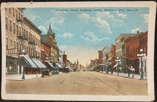Franklin Street Looking South, Michigan City, Indiana -  Vintage Postcard