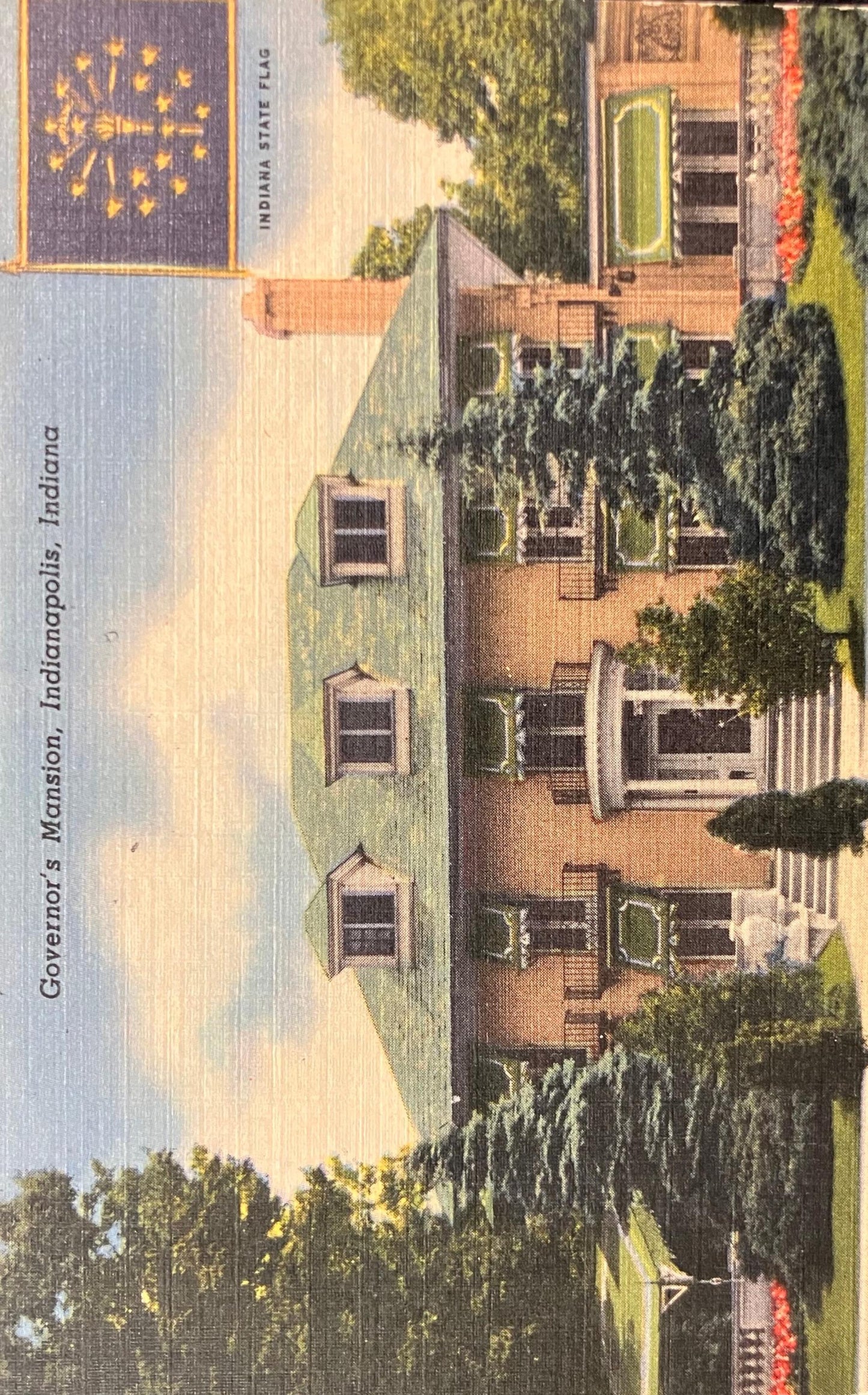 Governor’s Mansion, Indianapolis, Indiana - Indiana State Flag - Vintage Postcard