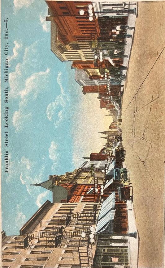 Franklin Street Looking South, Michigan City, Indiana -  Vintage Postcard