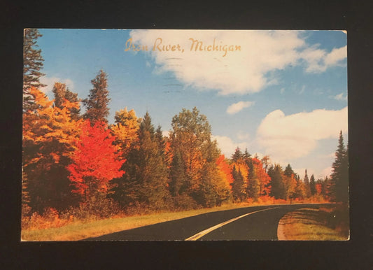Iron River, Michigan "A Curve in the Road" 1950's - Vintage Postcard