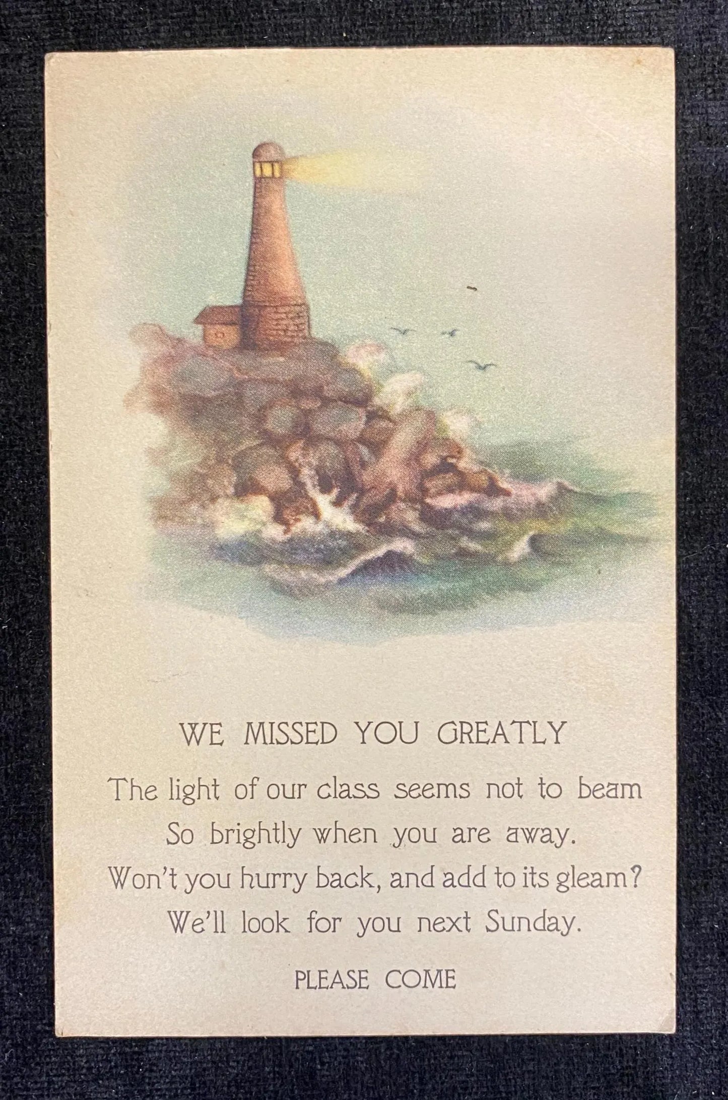 We Missed You Greatly! - Vintage Religious Postcard - Sunday School Reminder Card from 1930s