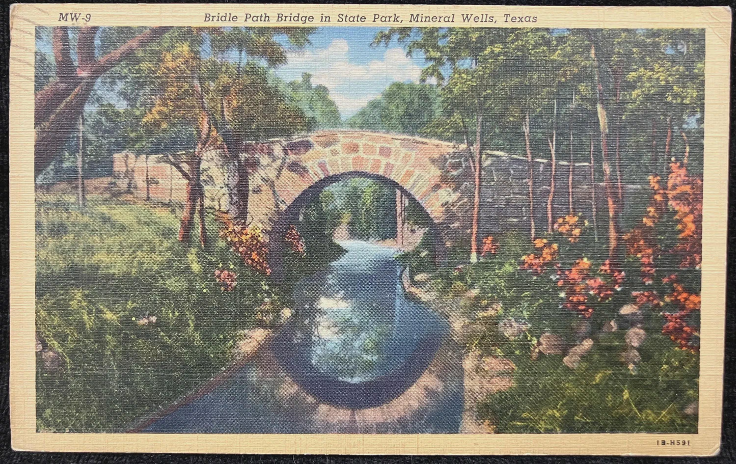 Bridle Path Bridge in State Park, Mineral Wells, Texas - Red Six Cent Air Mail Stamp - Vintage Bridge Postcard