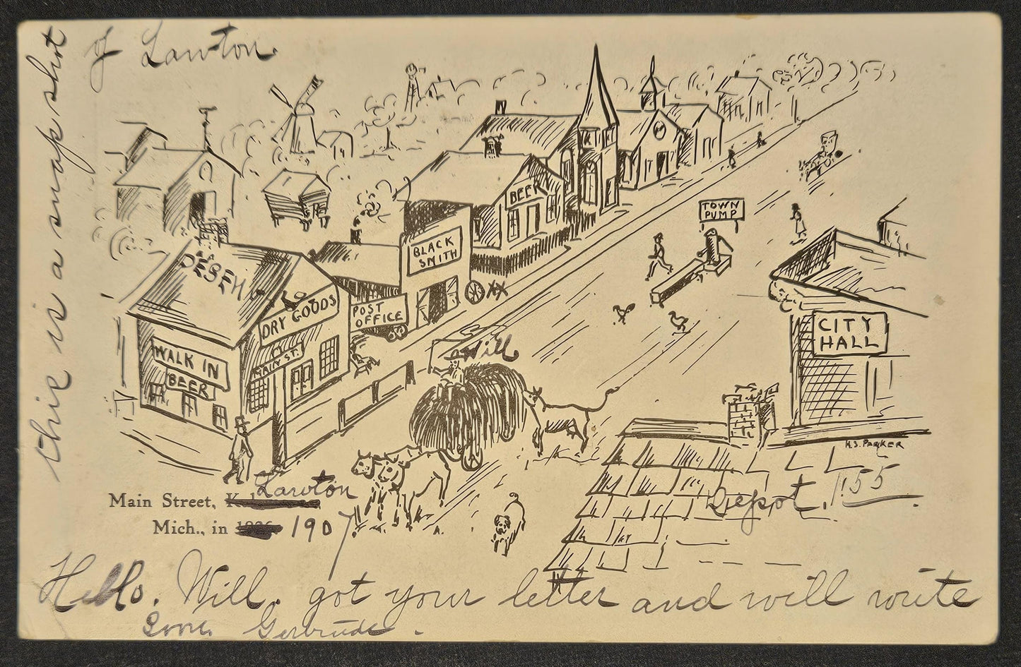 Drawing of Lawton/Kalamazoo, Michigan - Vintage 1907 Hand-Drawn Postcard with sender Art Additions