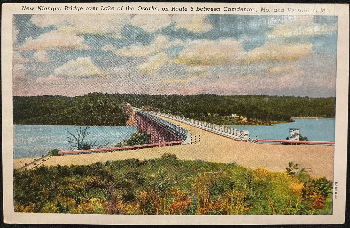 New Niangua Bridge over Lake of the Ozarks, on Route 5 between Camdenton and Versailles, Missouri - Vintage Bridge Postcard