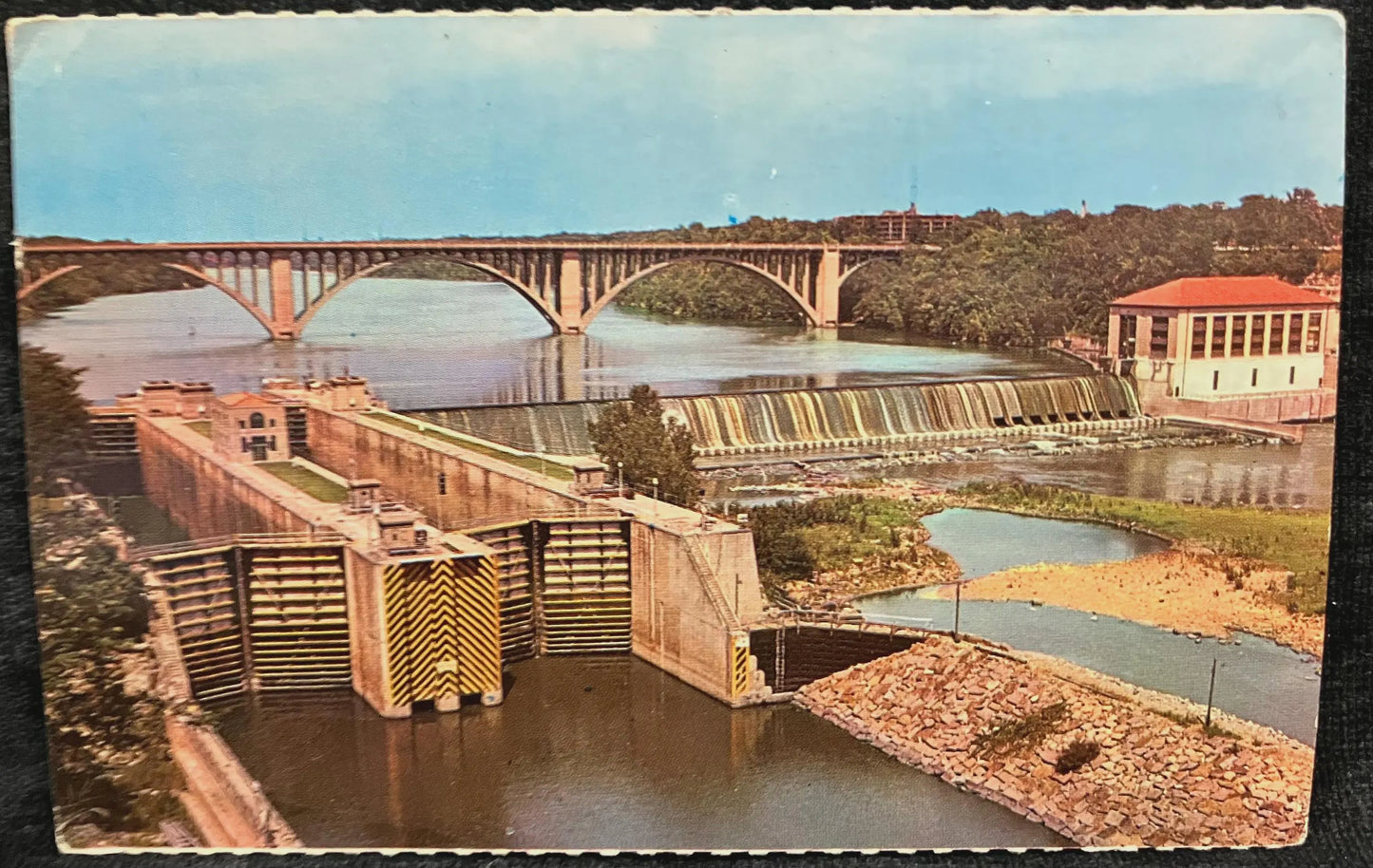 U. S. Government Dam and Locks and Ford Bridge - Minneapolis, Minnesota - Vintage Bridge Postcard