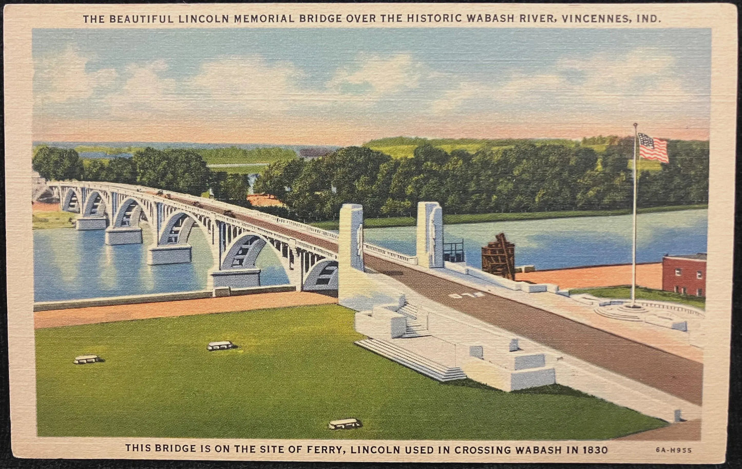 The Beautiful Lincoln Memorial Bridge over the Historic Wabash River, Vincennes, Indiana - Vintage Bridge Postcard
