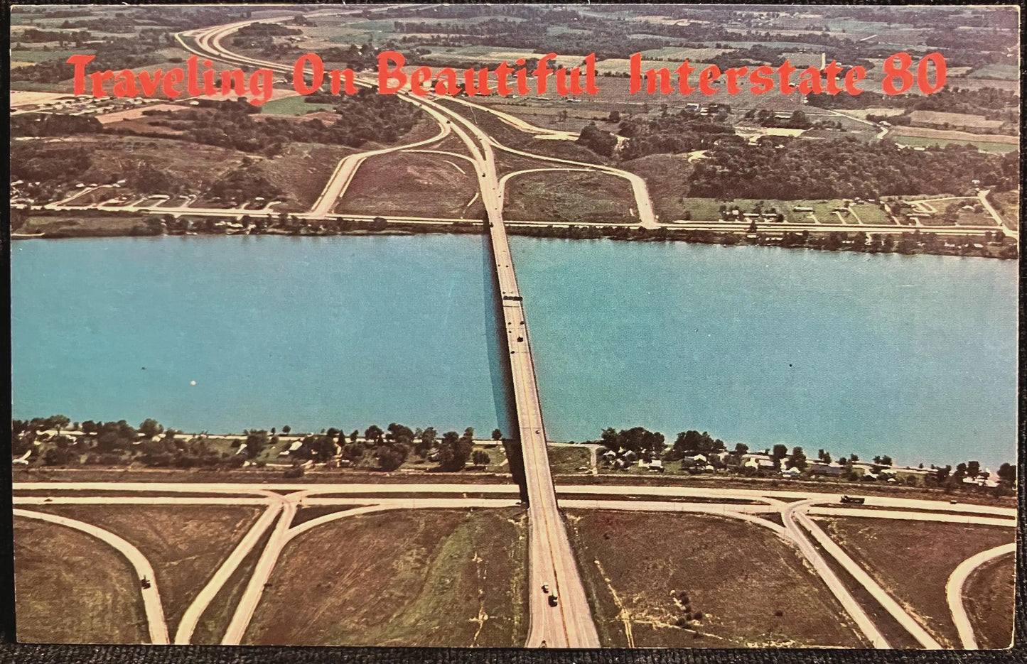 Traveling on Beautiful Interstate 80 connecting Illinois and Iowa - Vintage Bridge Postcard