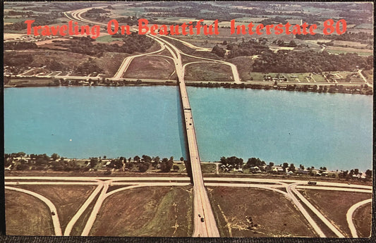 Traveling on Beautiful Interstate 80 connecting Illinois and Iowa - Vintage Bridge Postcard