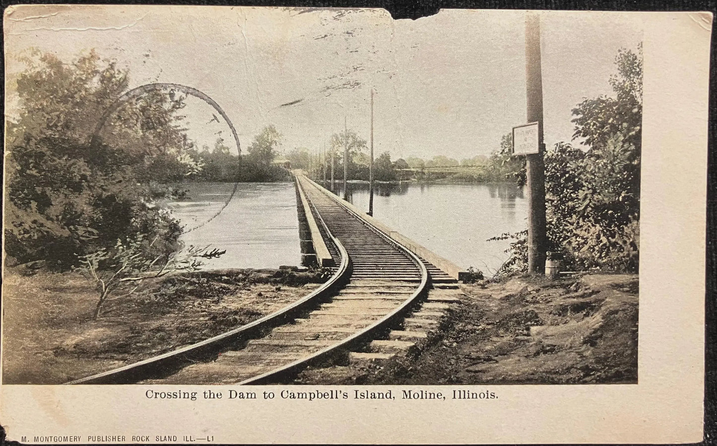 Crossing the Dam to Campbell's Island, Moline, Illinois - M. Montgomery Publisher Rock Island, Illinois - Vintage Postcard