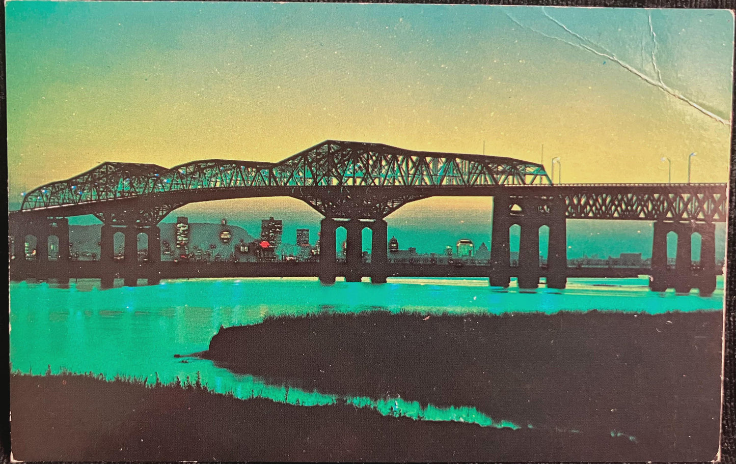 Champlain Bridge at Night in Montreal, Canada in 1967 - Vintage Canadian Postcard