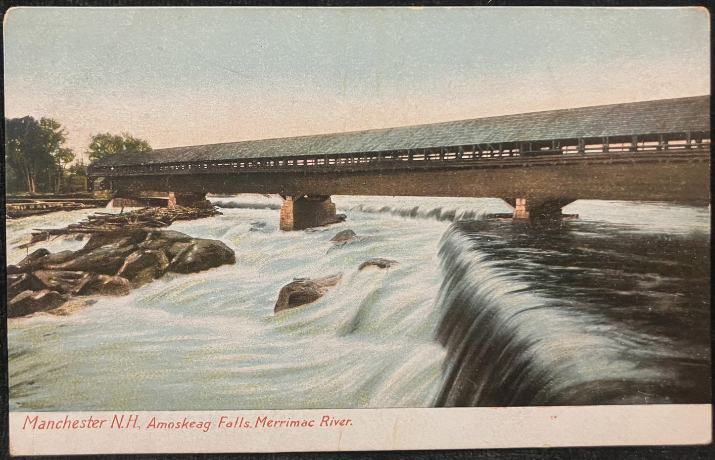 Manchester, New Hampshire, Amoskeag Falls, Merrimack River - Vintage Covered Bridge - Pre 1906 PostcardPostcard