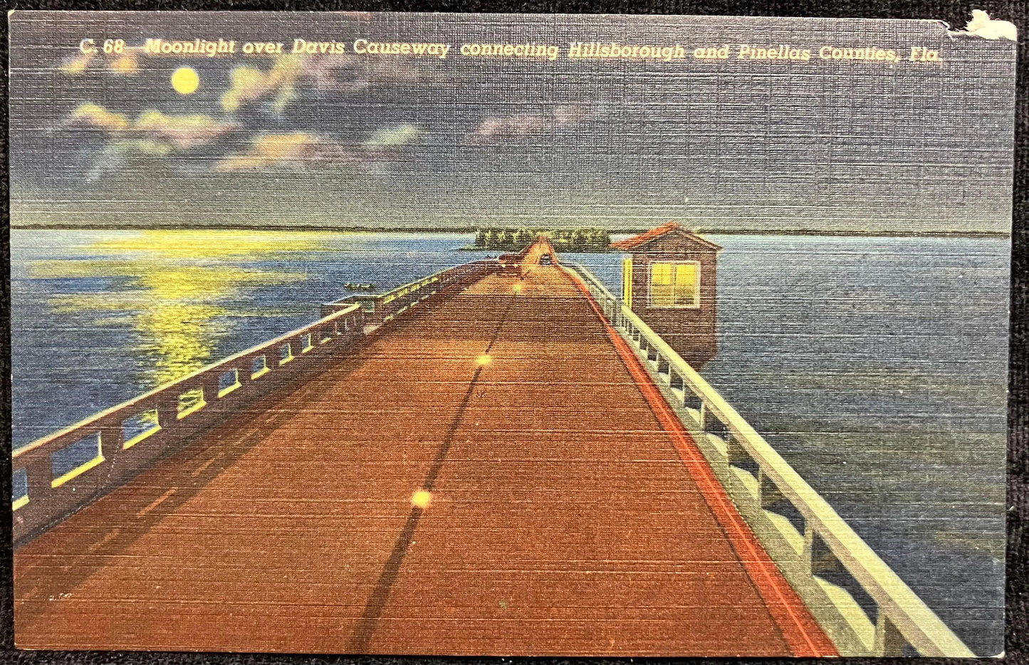 Moonlight over Davis Causeway connecting Hillsborough and Pinellas Counties, Florida - Vintage Postcard