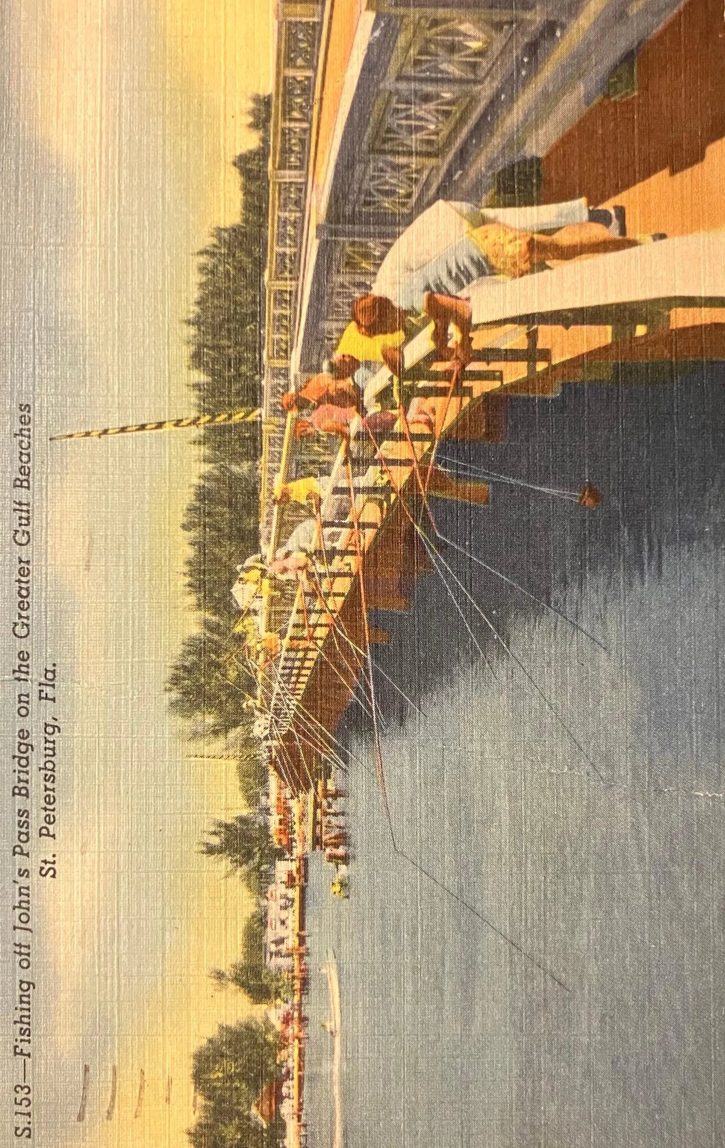 Fishing off John’s Bridge On the Greater Gulf Beaches St. Petersburg, Florida - Vintage Linen Postcard