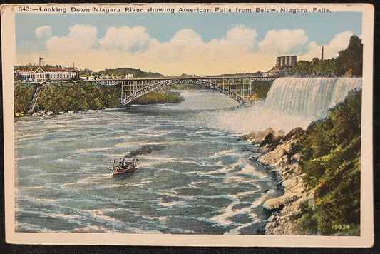 Looking Down Niagara River showing American Falls from Below, Niagara Falls - Vintage Postcard