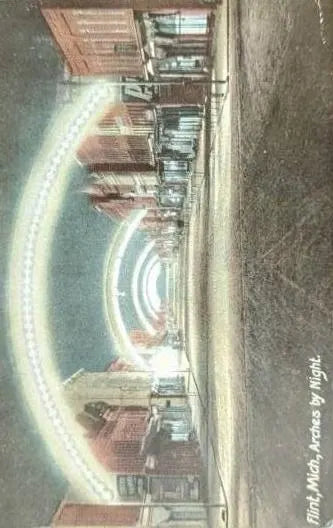 Arches by Night in Flint, Michigan - Vintage Night Scene Postcard
