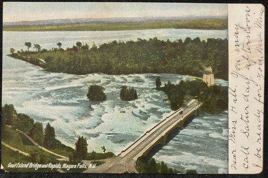 Goat Island Bridge and Rapids, Niagara Falls, New York - Vintage Postcard