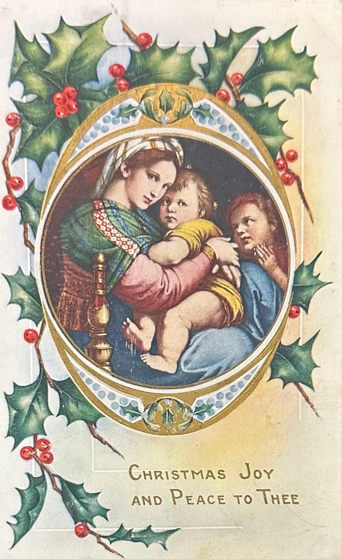 Christmas Joy and Peace to Thee - Vintage Postcard Postcard with Blessed Virgin and Child 1910