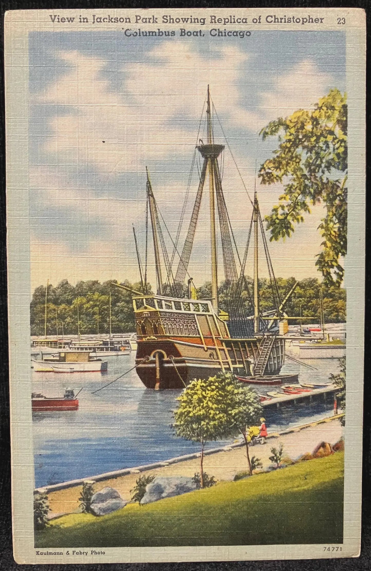 View in Jackson Park Showing Replica of Christopher Columbus Boat, Chicago, Illinois - Vintage Park Postcard