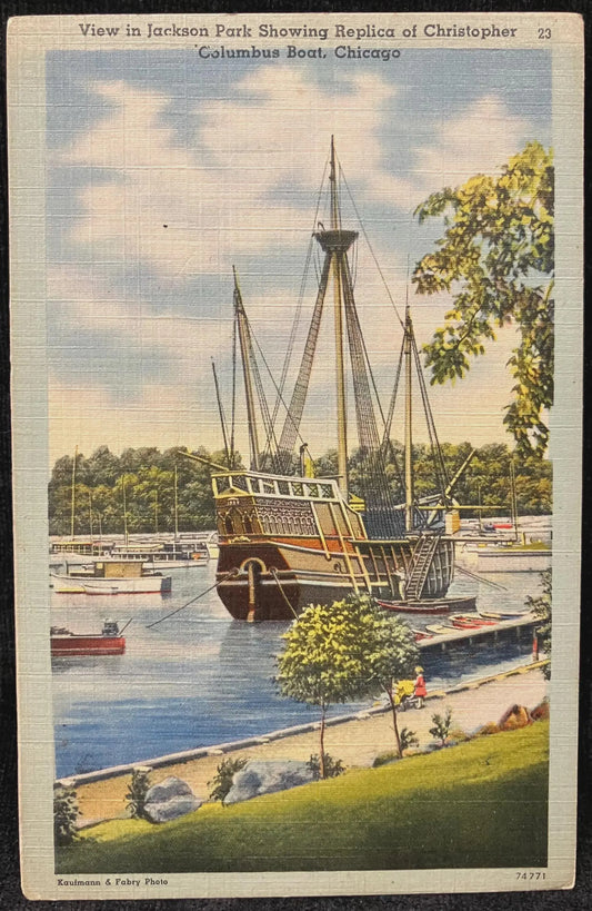 View in Jackson Park Showing Replica of Christopher Columbus Boat, Chicago, Illinois - Vintage Park Postcard