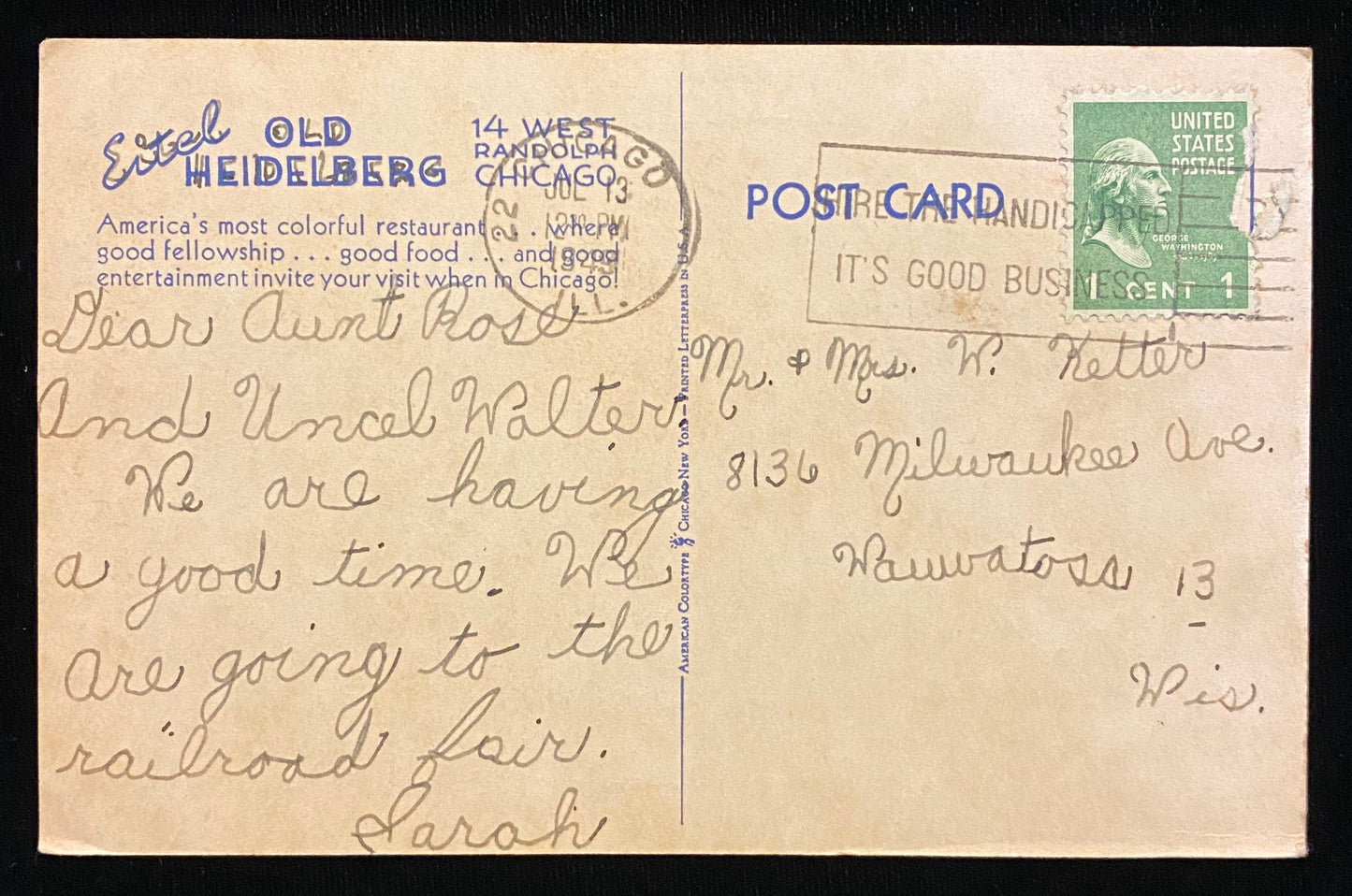 In the Midst of Chicago's Rialto - Vintage Postcard Back Information: "Eitel Old Heidelberg. America