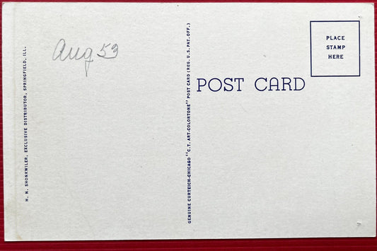 This Cur Teich Co. linen postcard depicts the Lincoln Tomb at sunset in Springfield, Illinois. The tomb is the resting place for Abraham Lincoln, his wife, and three of his sons. This is the perfect postcard for any Abraham Lincoln fans! Back: Small amount of handwritingGreat conditionPostmark: NonePublisher: Curt Teich Co. 1931