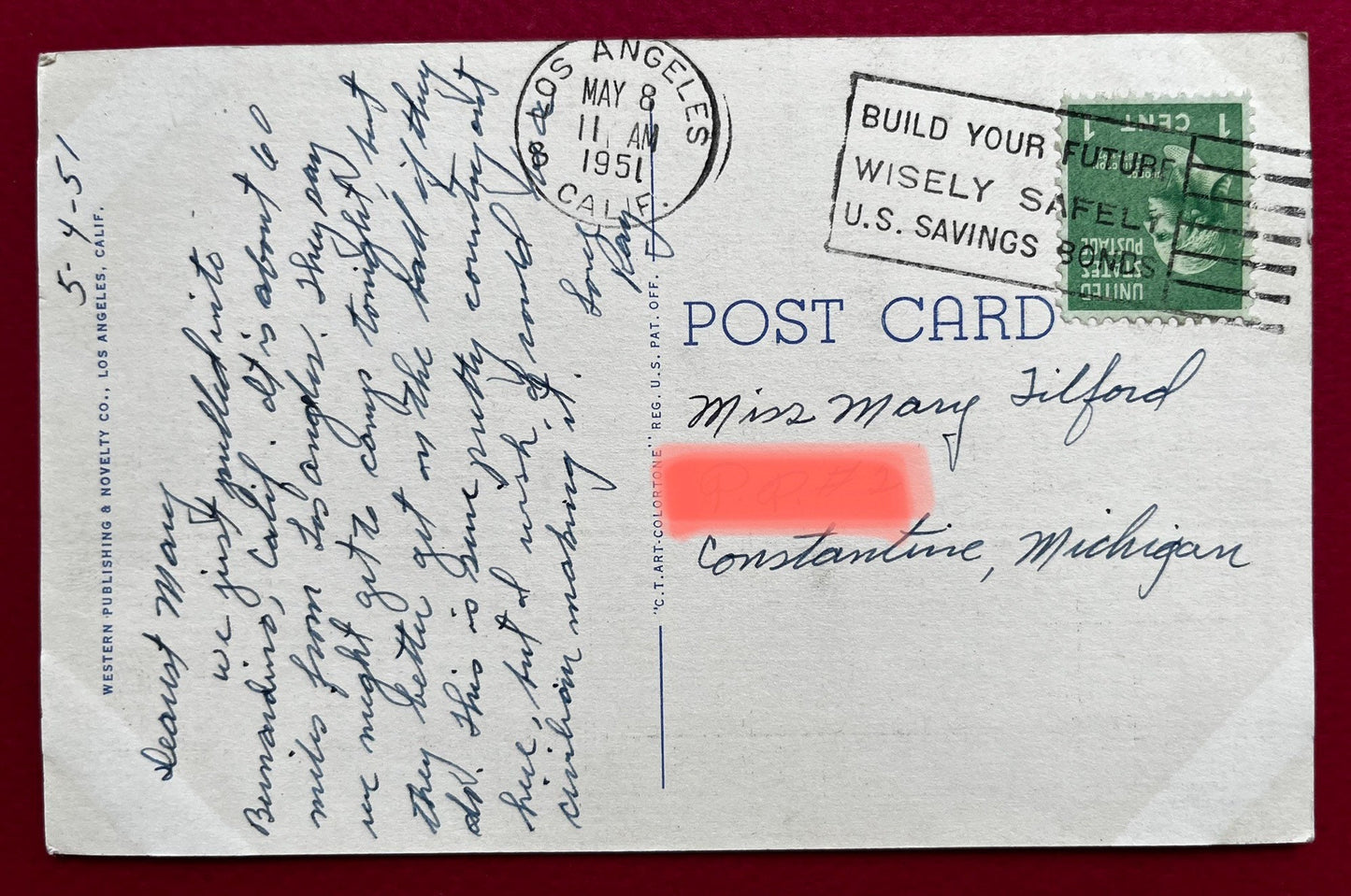 In the foreground of this postcard are a few cacti in Devil's Garden and Mount San Jacinto is in the background. Even with the edges of the card yellowing, this postcard is in wonderful condition! Postmark: May 8, 1951 - Los Angeles, CAPublisher: Curt Teich Co. 1937