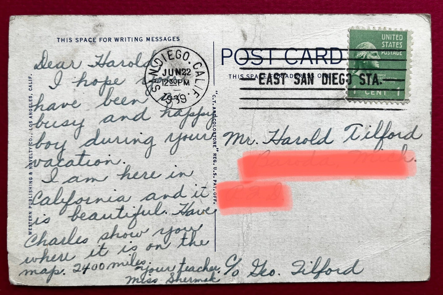 This postcard features a beautiful view of palms and flowers from a residential district in California. Distributed by Western Publishing & Novelty Co. this postcard is a "C.T. Art-Colortone". There is some wear on the corners and a crease on the bottom left corner, nothing to ruin the image. Postmark: June 22, 1939 - San Diego, CAPublisher: Curt Teich Co. 1931