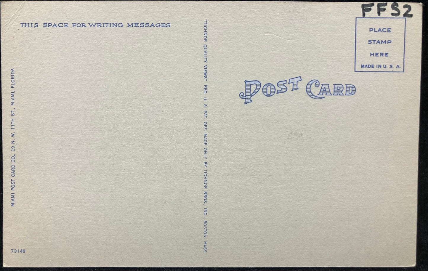 41st Street Bridge and Ocean Front Hotels, Miami Beach, Florida - Linen Bridge Postcard. No stamp, message, address or postmark: text "FFS2" has been written above the stamp placement mark.