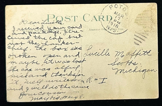 Back of Vintage Postcard: 633. New State Capitol, Madison, Wisconsin. Addressed to Lucille Maffitt in Scotts, MI, postmark March 17, 1916. Stamp missing.