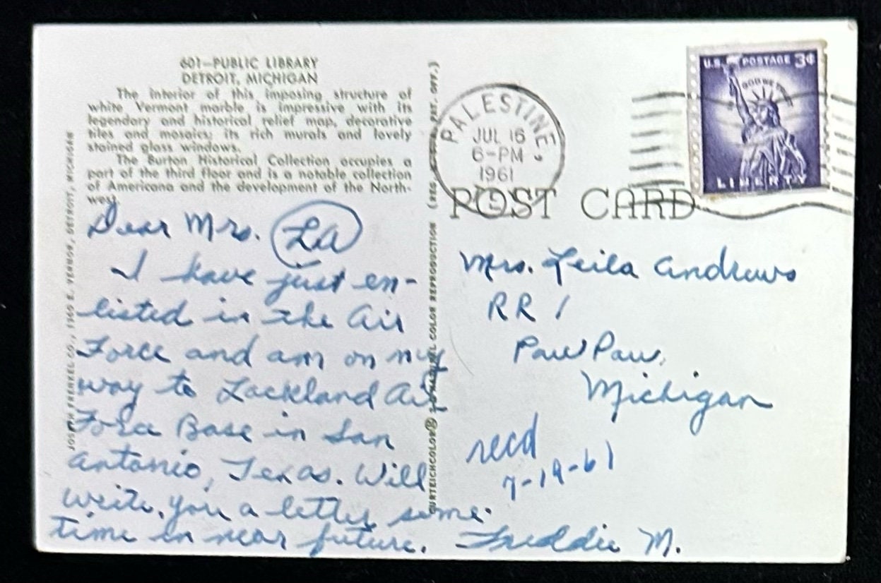 601- Public Library Detroit, Michigan, Back. Information: The interior of this imposing structure of white Vermont marble is impressive..... Handwriting, 3 cent stamp, postmark July, 1961