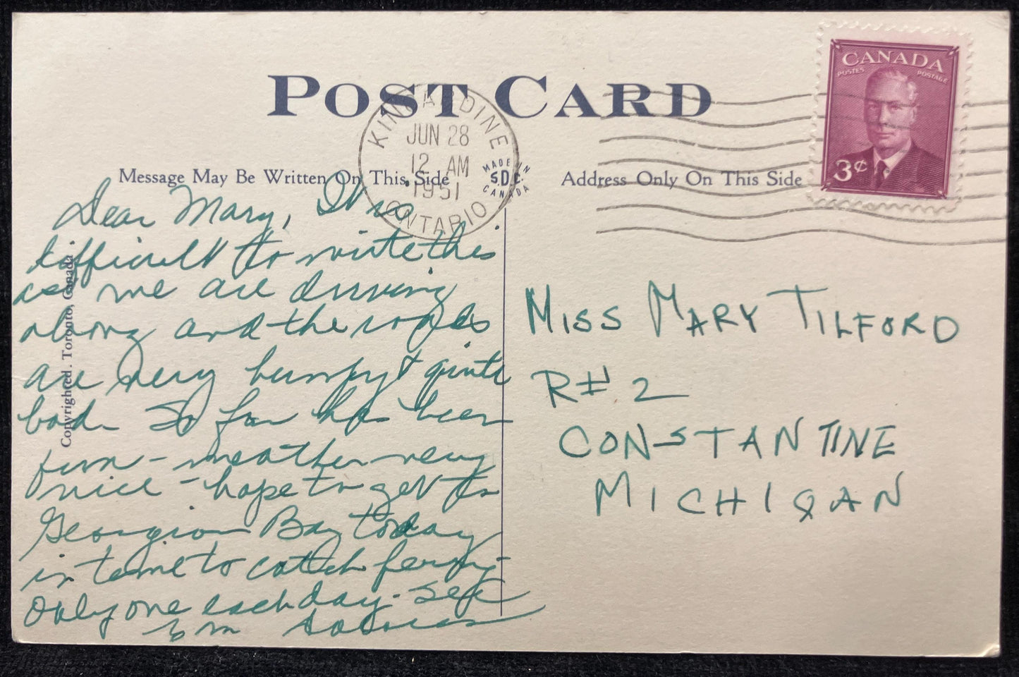 Front: Greetings from Clinton, Ontario, Canada Back: Addressed to Micigan in 1910 and complains abou