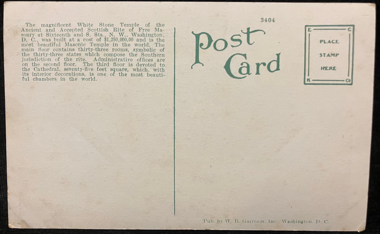 Postcard Template of Scottish Rite, Washington DC, back. No handwriting, stamp, or postmark