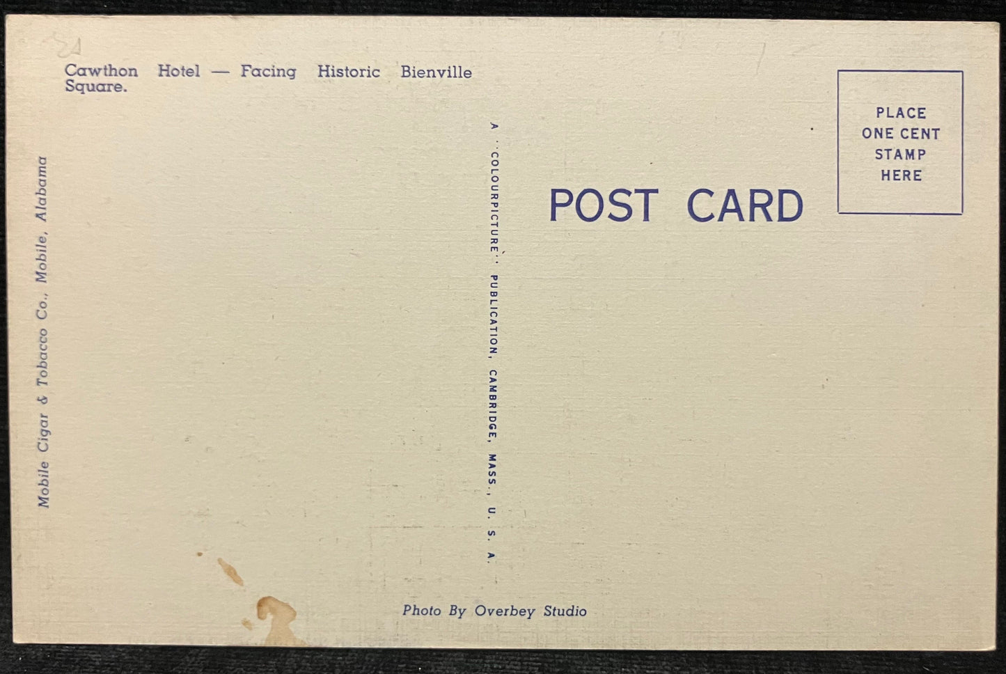 On front: The Cawthon Hotel, Mobile, AlabamaOn back: Cawthon Hotel - Facing Historic Bienville Square. UnmailedCondition: Good with some aging around the edges and small stains on the back Publisher: Mobile Cigar & Tobacco Co. Color linen