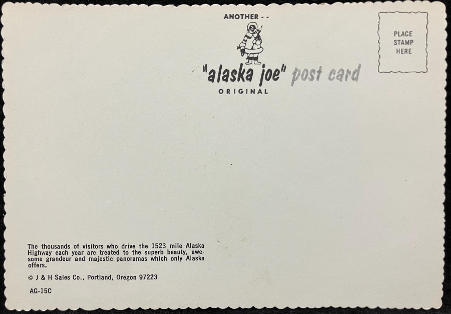 Front: We drove the Alcan Highway Back: The thousands of visitors who drive the 1523 mile Alaska Highway each year are treated to the superb beauty, awesome grandeur and majestic panoramas which only Alaska offers. UnmailedCondition: Excellent Publisher: J & H Sales Co. Color linen
