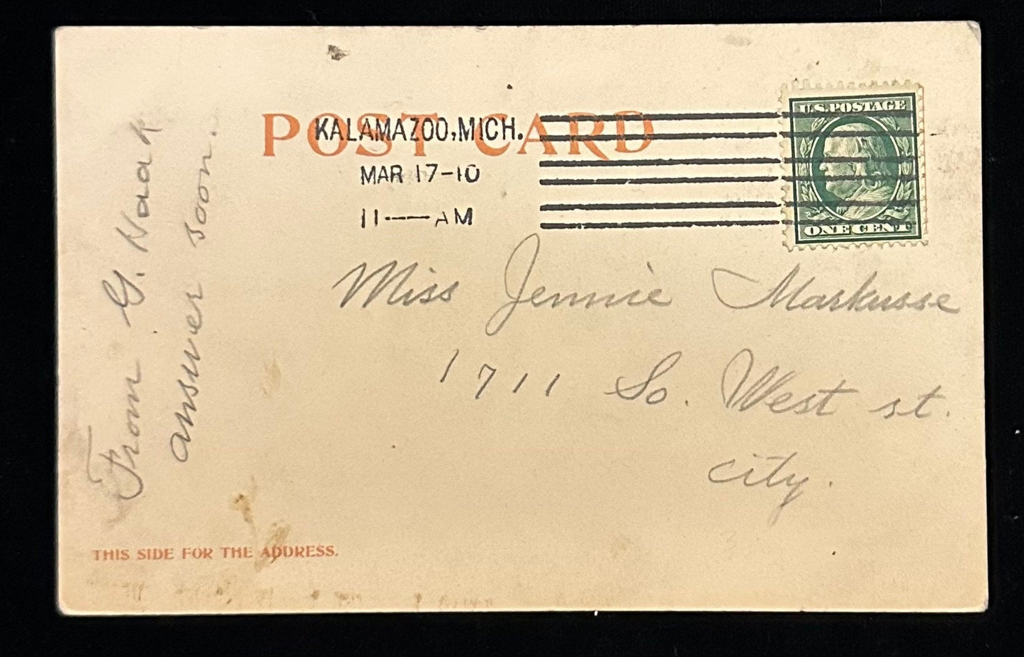 William Penn House Fairmont Park - Philadelphia, Pennsylvania - Vintage Postcard 7799 , back. Handwriting, one cent stamp, postmarked March 17