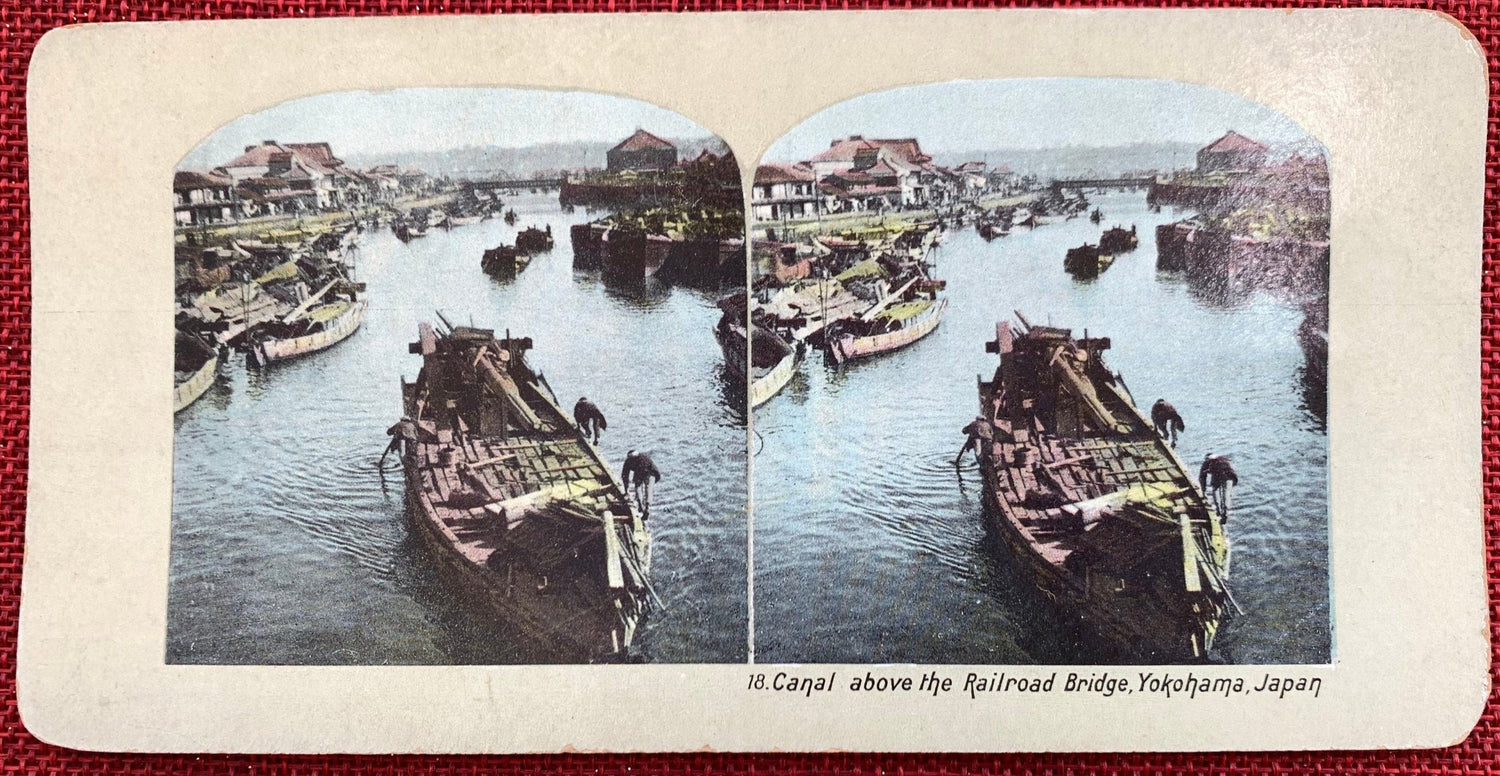Canal above the Railroad Bridge - Yokohama, Japan - Vintage Railroad Stereo Card 1890s