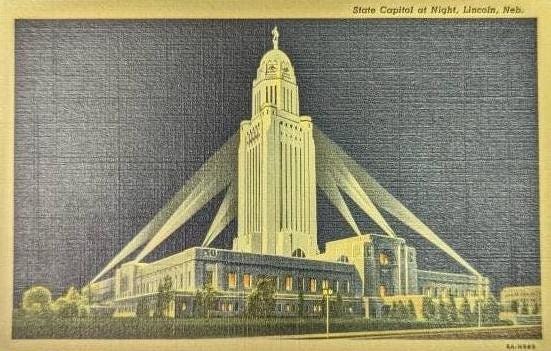 Nebraska State Capitol - Lincoln, Nebraska -  Linen Postcard 1940s