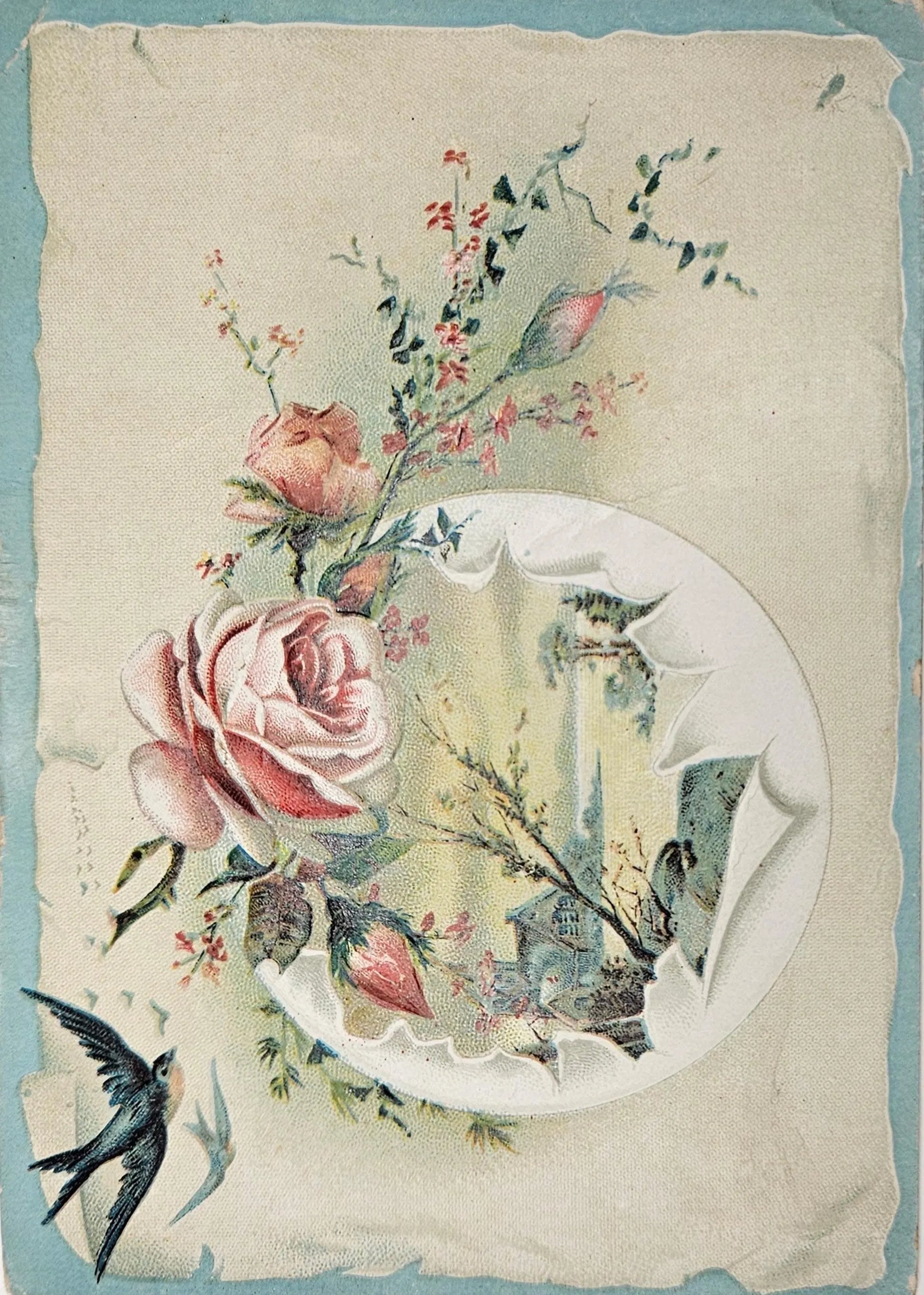 Vintage trade card with flowers, birds, and a decorative border on a textured background.